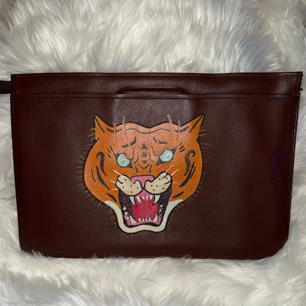 Brown Leather Men's Laptop Bag with Tiger Design